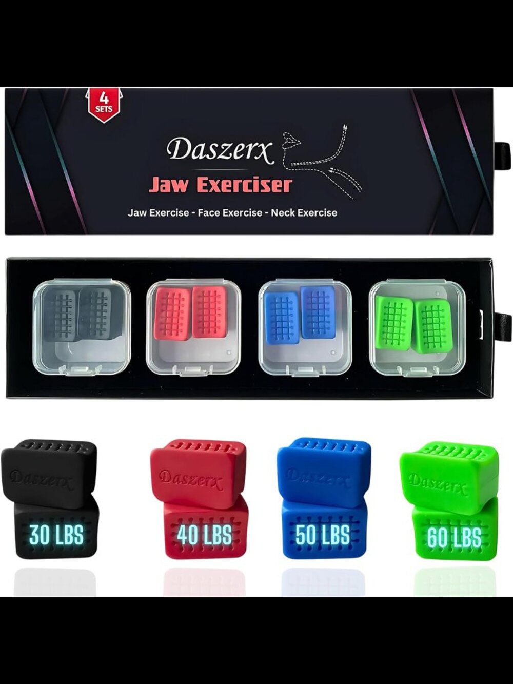 Daszerx Jaw Exerciser 4 Sets Silicone Jaw Trainer 30-60 lbs
